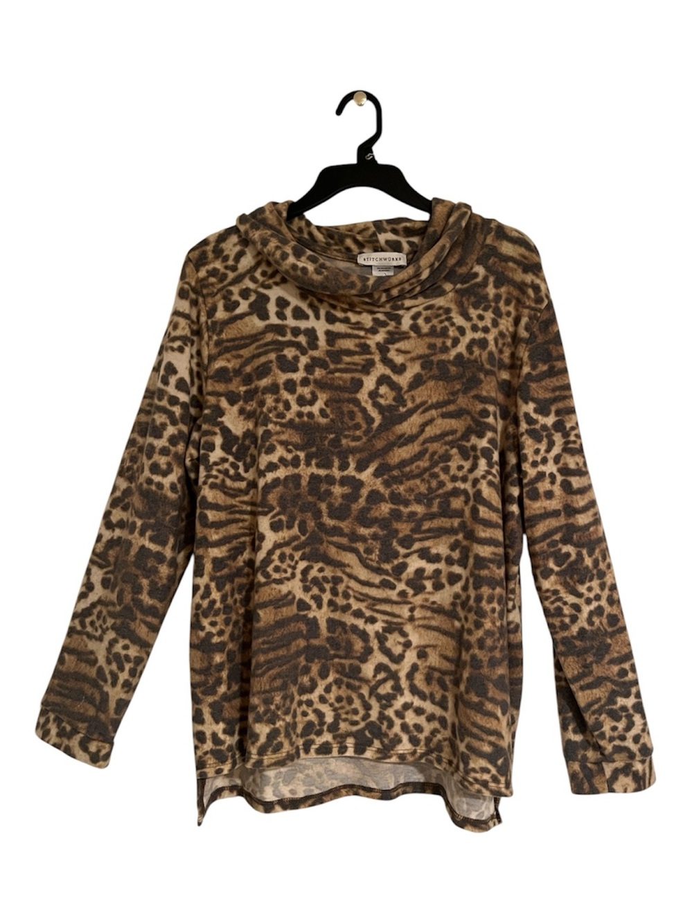 Stitchwurks animal print cowl neck Lightweight Long-Sleeve Knit Top Size XL